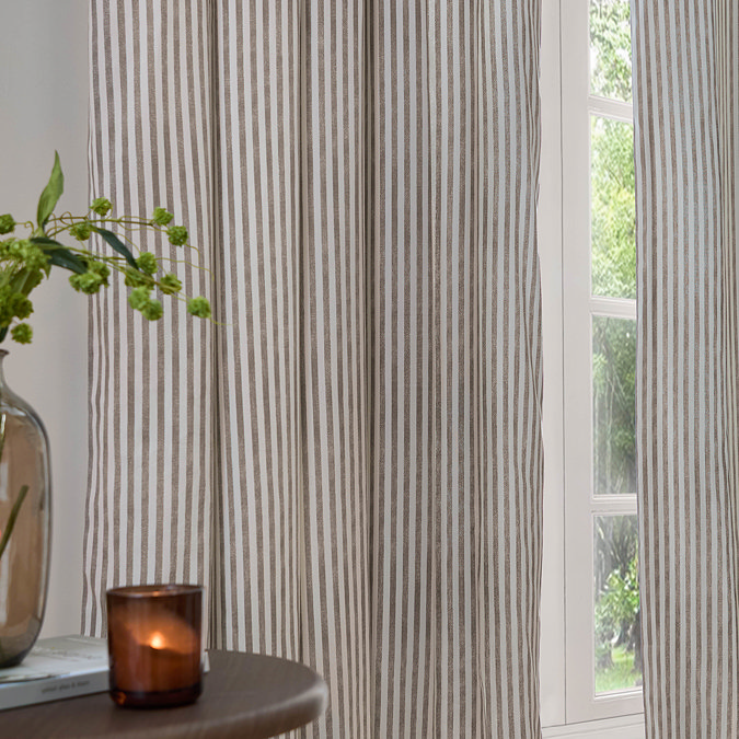 Hebden Stripe Blackout Pencil Pleat Curtains in mole image over a window