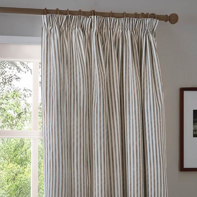 Hebden Stripe Blackout Pencil Pleat Curtains in mole image over a window close up