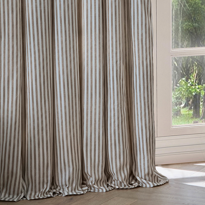 Hebden Stripe Blackout Pencil Pleat Curtains in mole image over a window close up