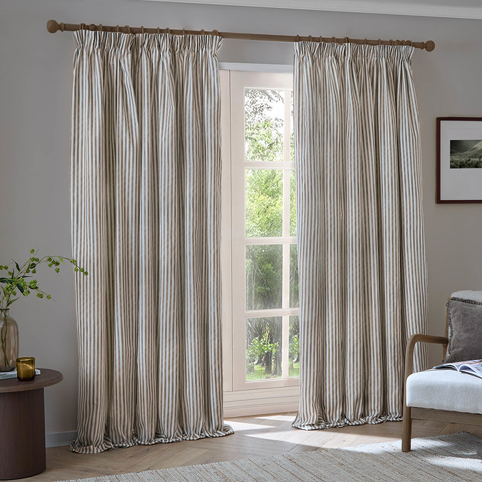 Hebden Stripe Blackout Pencil Pleat Curtains in mole image over a window