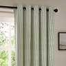 close up of eyelet design curtains, striped cream and green.