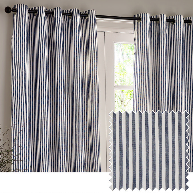 image of navy blue striped curtains with small square cut out on the right, highlighting the real-life texture and colour of the curtain