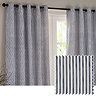 image of navy blue striped curtains with small square cut out on the right, highlighting the real-life texture and colour of the curtain