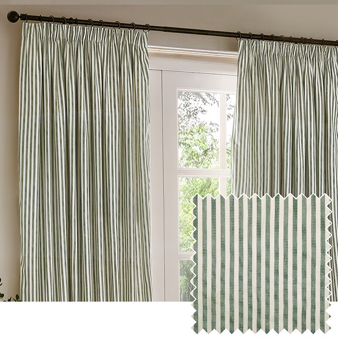 image of green striped pencil pleat curtains over a window, with smaller close up image of pattern and colour swatch in the right corner