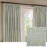 image of green striped pencil pleat curtains over a window, with smaller close up image of pattern and colour swatch in the right corner