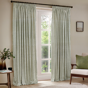 close up image of pencil pleat style green striped curtains