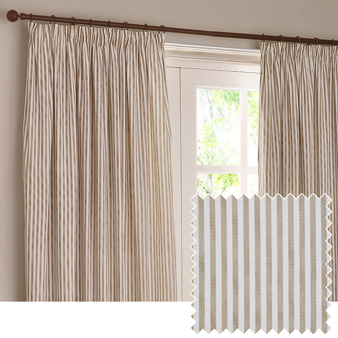image of natural coloured stripe curtains in front of window, with pattern swatch image layered in right hand corner on top