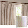 image of natural coloured stripe curtains in front of window, with pattern swatch image layered in right hand corner on top