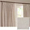 image of natural coloured stripe curtains in front of window, with pattern swatch image layered in right hand corner on top