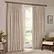 natural coloured striped curtains hanging open in front of floor length living room mirror