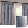 image of navy blue striped curtain open across living room window, with cut out of curtain pattern and texture in a square in the right side