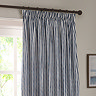 close up on top of navy blue striped curtains, highlighting pencil pleat design