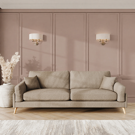 lifestyle image of grand sofa with light oak feet in latte fabric