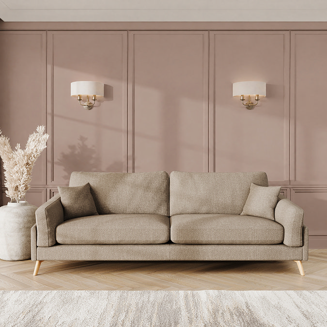 lifestyle image of grand sofa with light oak feet in latte fabric