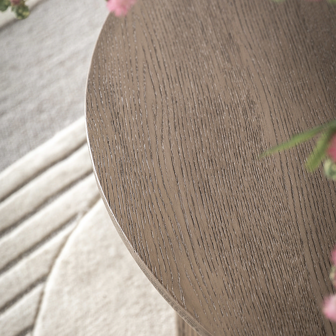 Howick Round Wooden Coffee Table smoked oak close up image 5
