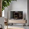 image of smoked oak tv unit with slim horizontal sliding doors and tv on top of it, with oval rug slightly out of frame