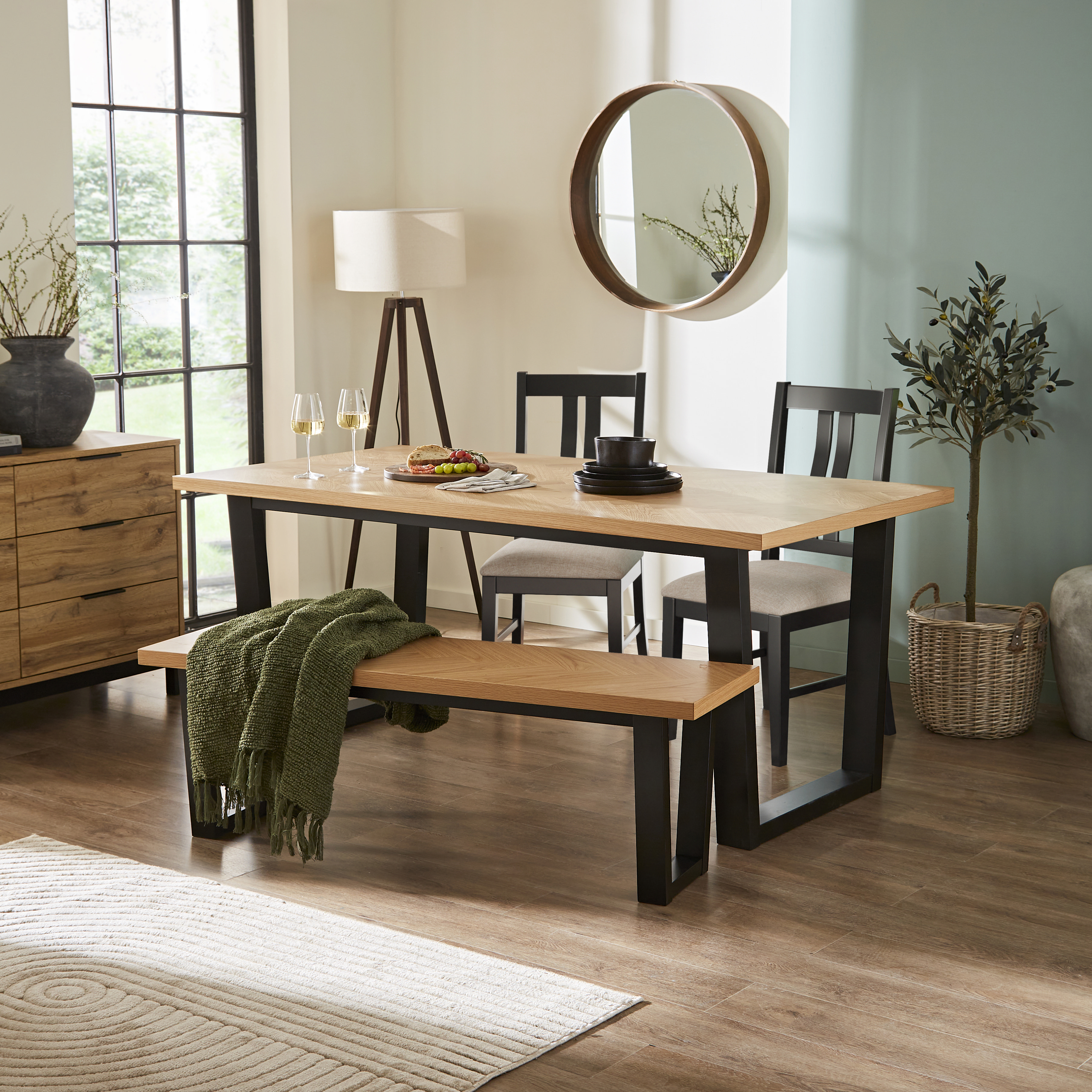 Hudson Oak & Black Herringbone Dining Table