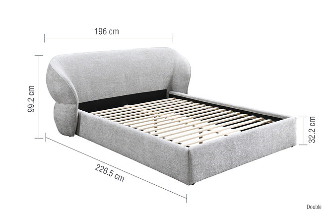 image cut out on white background of grey fabric double bed, with black arrow line dimensions to show size