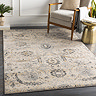 image of beige rug patterned with mustard and grey floral designs