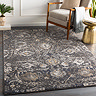 image of vintage oriental rug with black background and beige floral pattern