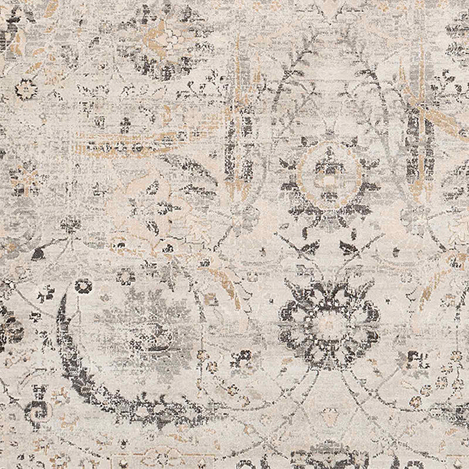 close up swatch image of ivory rug with grey floral patterns