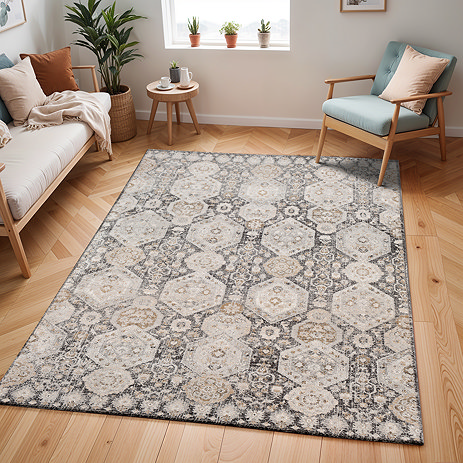 image of oriental style rug in dark brown on light wood flooring