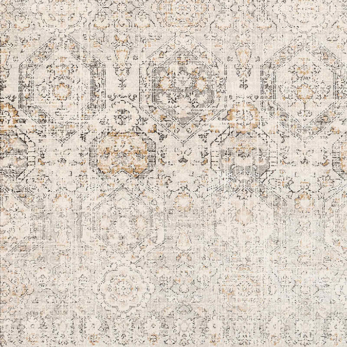 close up swatch image of cream rug with grey and beige patterns on