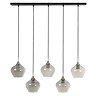 image cut out on white background of 5 smoked glass pendant lights hanging from a black bar