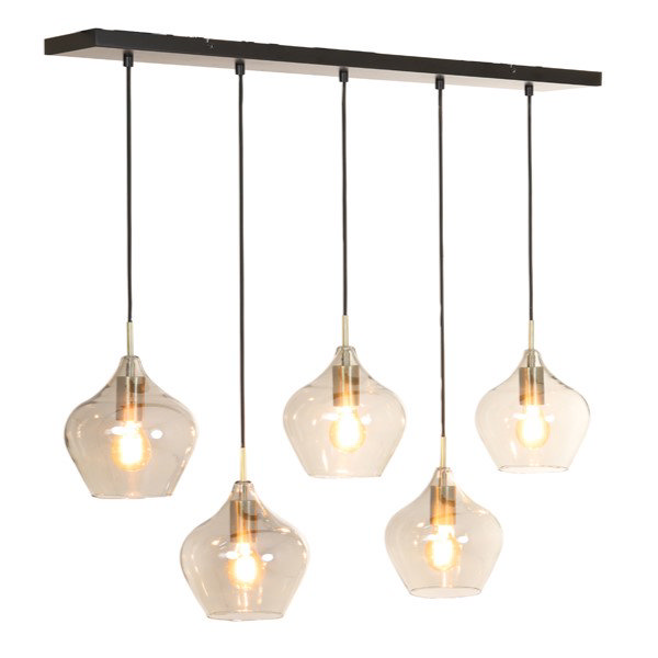 image of angled 5 smoked glass pendant lights with bulb on emitting warm glow