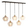 image of angled 5 smoked glass pendant lights with bulb on emitting warm glow