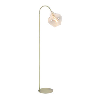 image cut out on white background of ingrid smoked glass floor lamp with antique bronze body and curved over flower-bud head