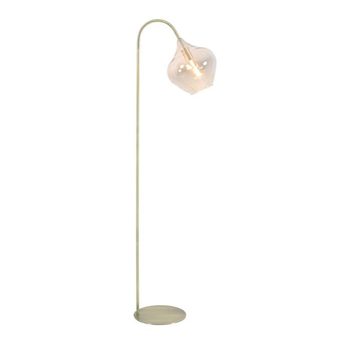 image cut out on white background of ingrid smoked glass floor lamp with antique bronze body and curved over flower-bud head