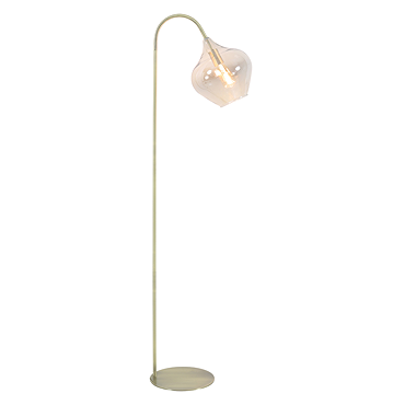 image close up on top of smoked glass and antique bronze floor lamp with curved over flower-bud head