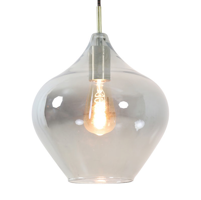 image cut out on white background of smoked glass pendant light with bulb emitting warm glow