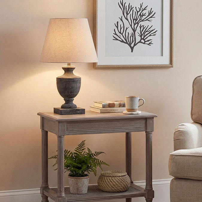 image of washed brown urn shaped lamp with linen shade
