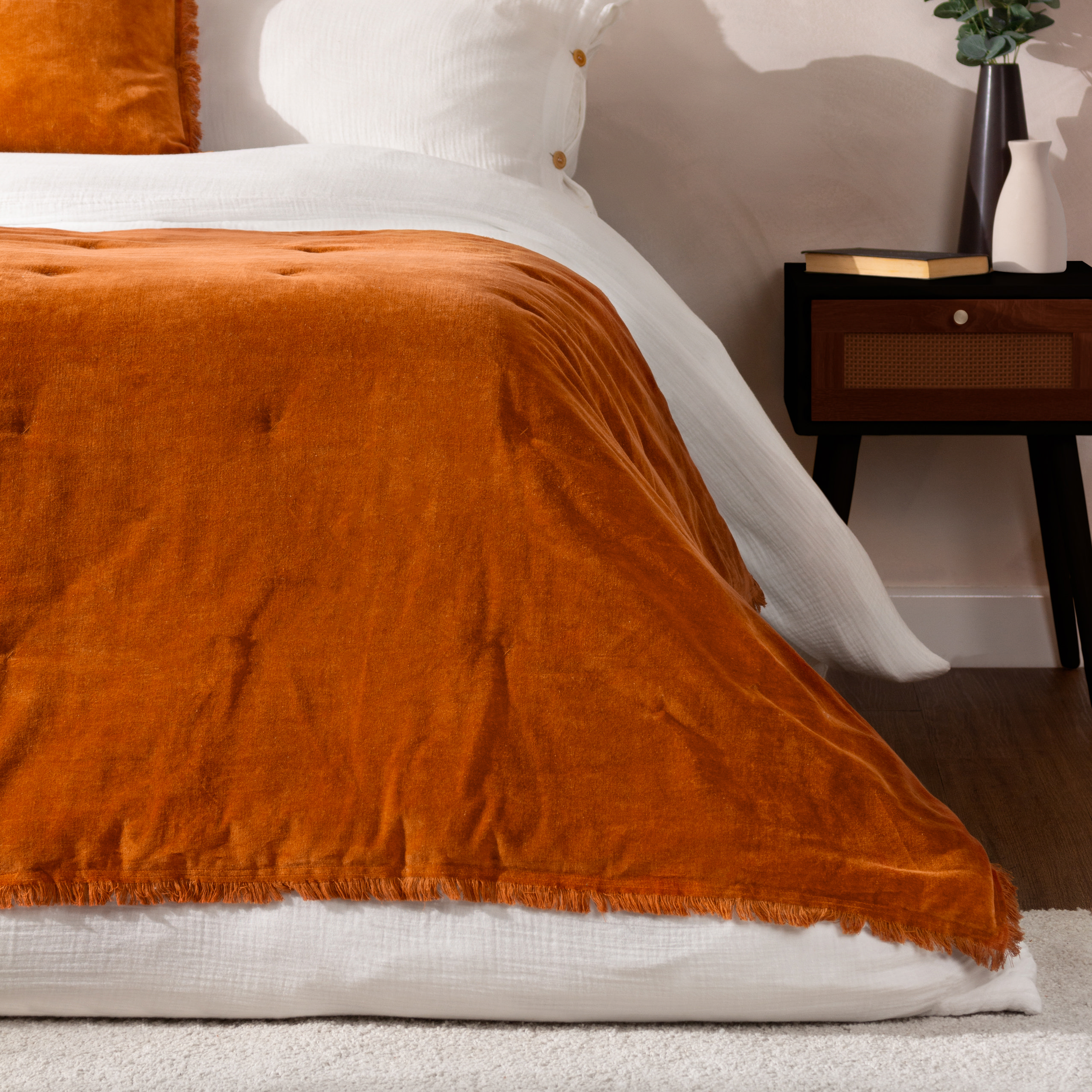 Coverlet Rust Jaye Orange Rust Velvet Filled Bedspread - 140cm x 220cm | MFI