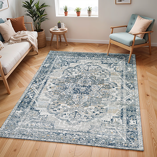 image of vintage blue-grey rug with large floral pattern in the middle