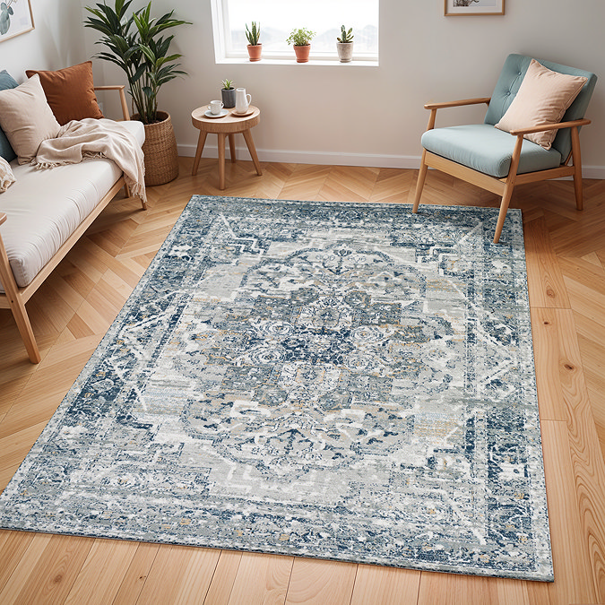 image of vintage blue-grey rug with large floral pattern in the middle