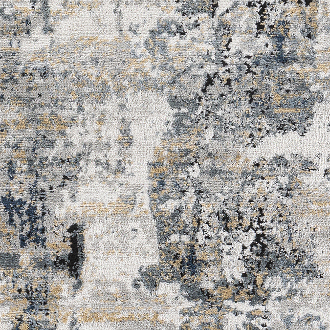 close up swatch image of grey, blue and beige abstract rug