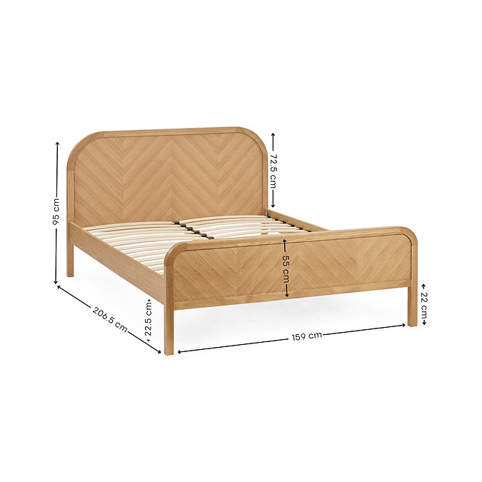 image cut out on white background of light oak slatted double bed, with black arrow line dimensions