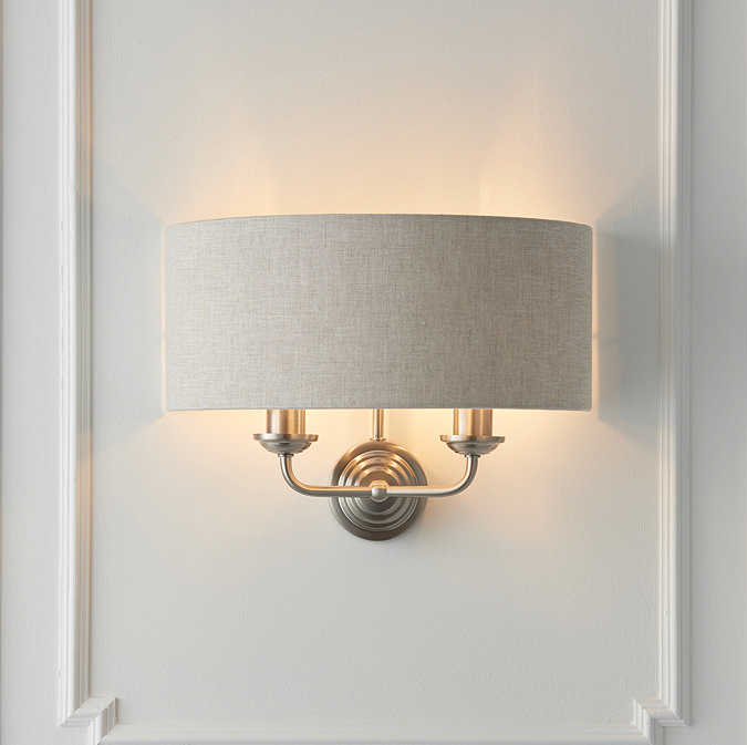 image of linen fabric shade with chrome coloured 2 arm fixture