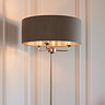 close up on top of lamp with charcoal lampshade and nickel body
