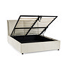 image cut out on white background of beige upholstered ottoman bed with top wrack lifted up