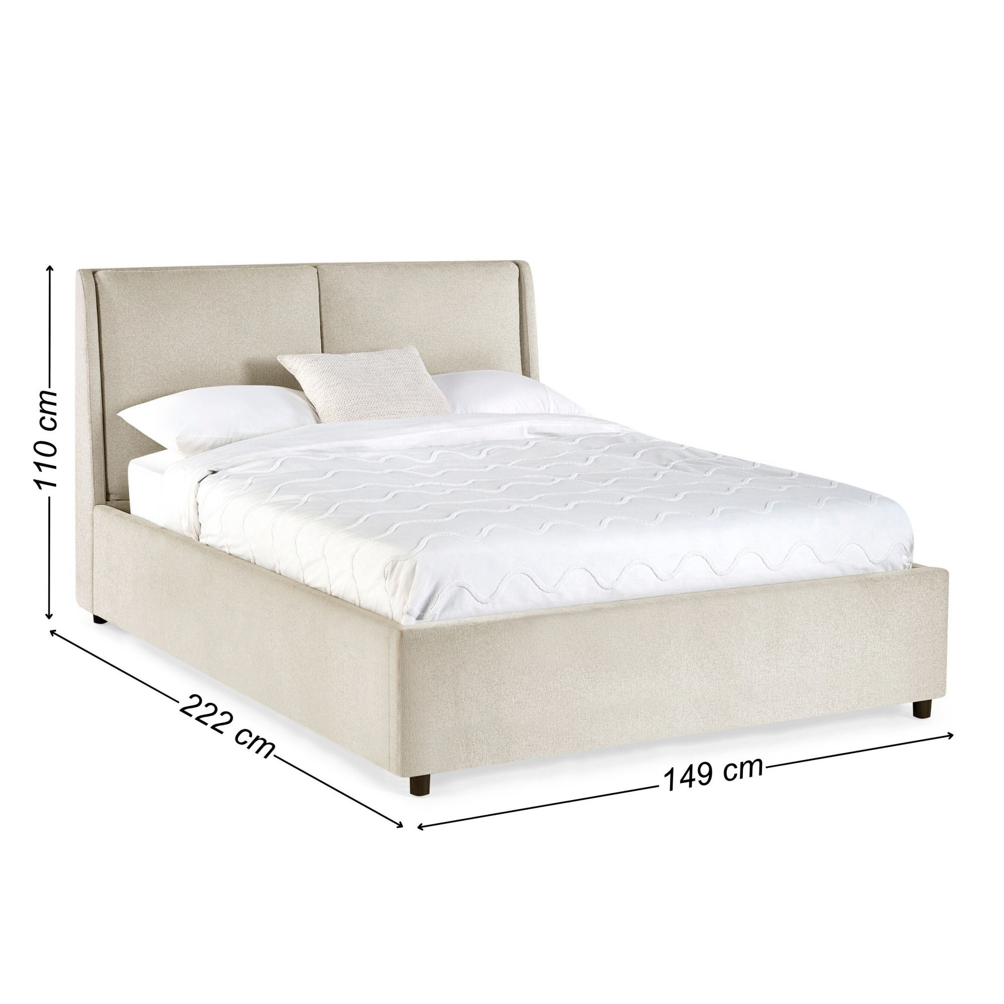 image cut out on white background of beige ottoman bed with black arrow line dimensions 