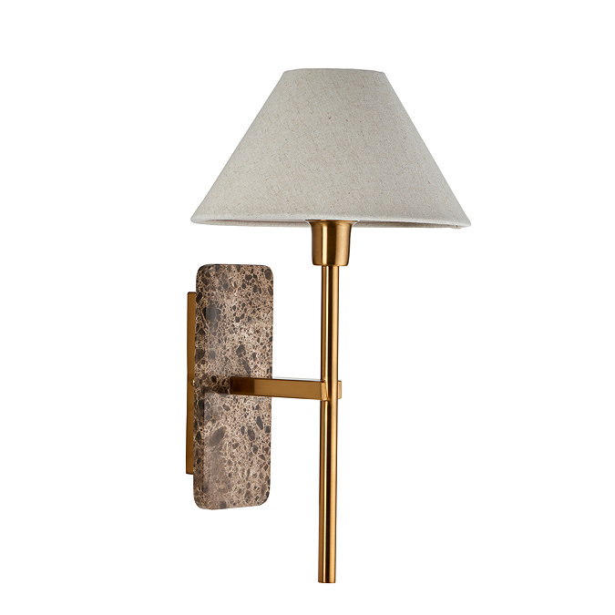 cut out image of thin brass wall light with marble backplate and tapered shade