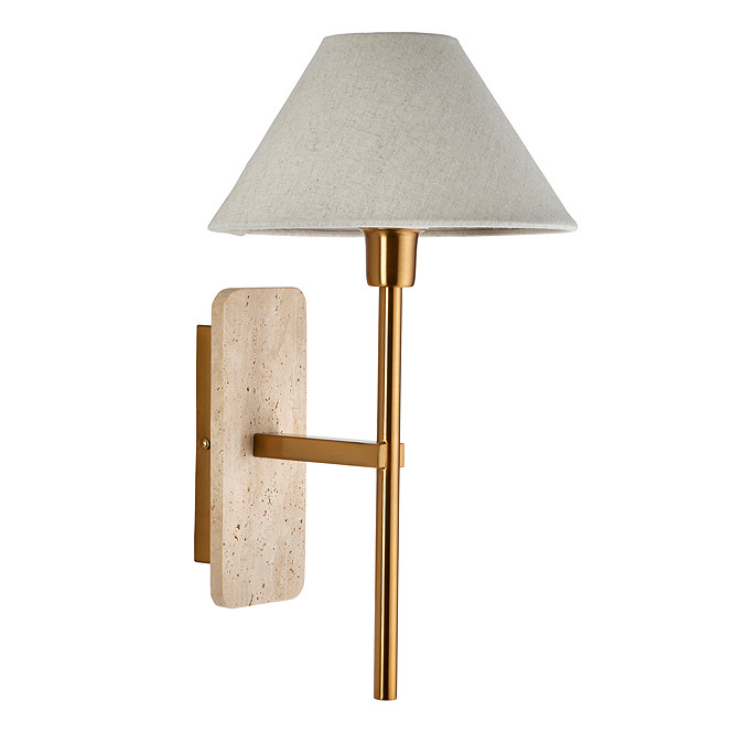 cut out image of thin brass coloured wall light with travertine backplate