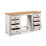 image cut out on white background of elephant grey dressing table/desk with 4 drawers on each side, pulled out to suggest ample storage space