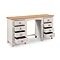image cut out on white background of elephant grey dressing table/desk with 4 drawers on each side, pulled out to suggest ample storage space