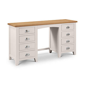 image cut out on white background of twin desk in elephant grey colour and smooth oak top without a stool. 4 drawers on either side