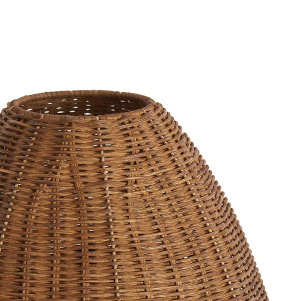 close up image cut out on white background of dark brown rattan lamp shade with large round hole cut out in top for light dispersion